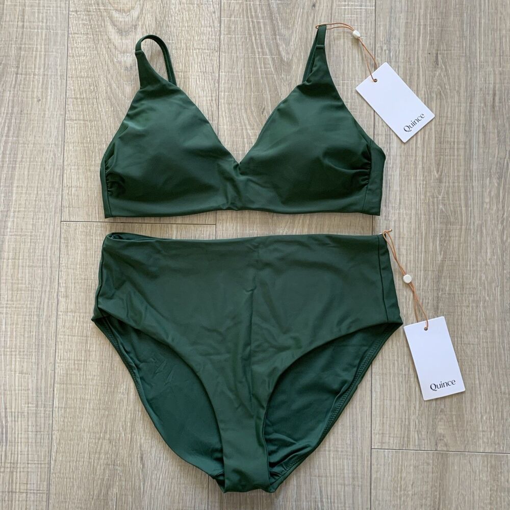 Quince Italian V Neck Bikini Top High Rise Bottom Swim Green Medium M
